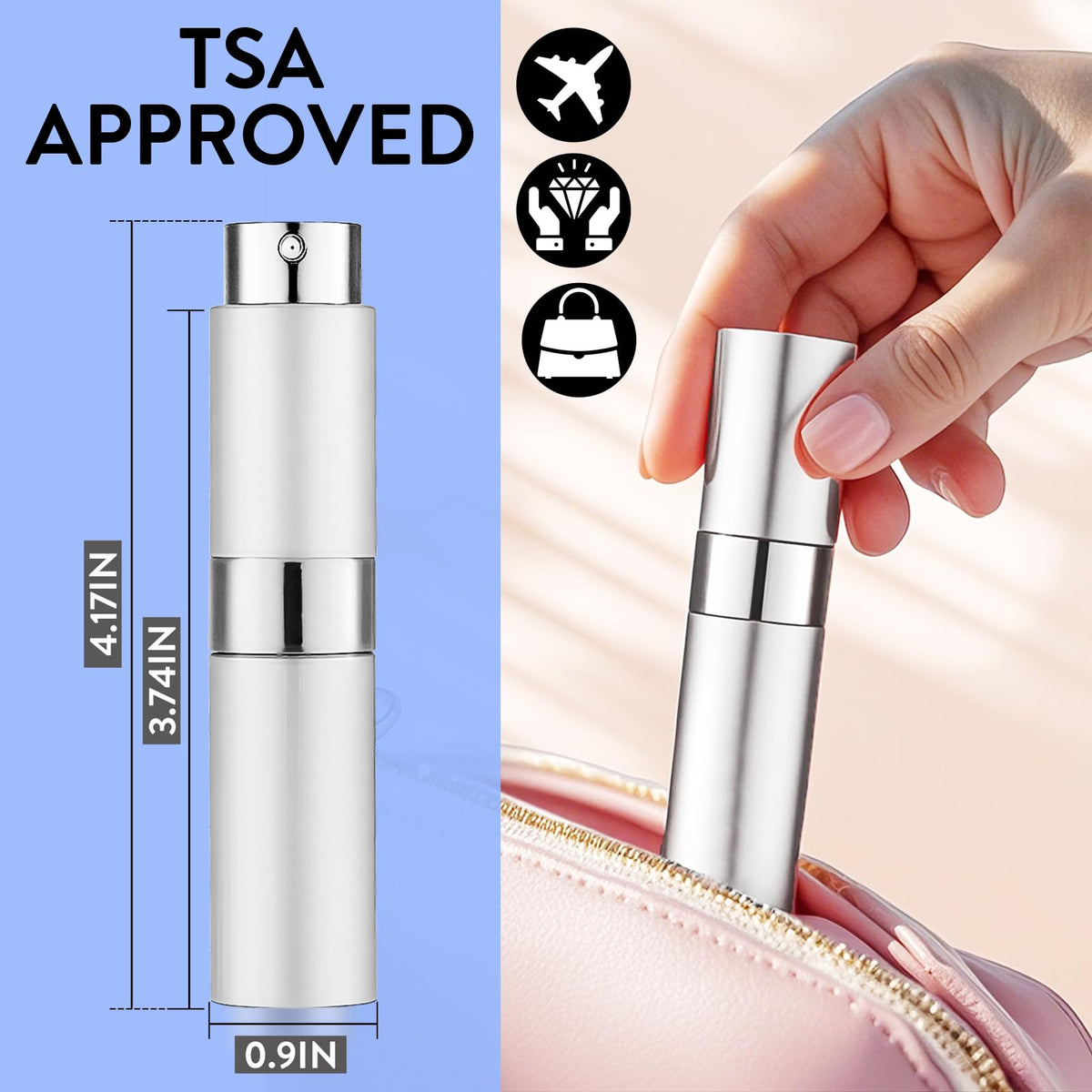 DPLASKA atomizer placed inside a purse illustrating ready-to-use convenience