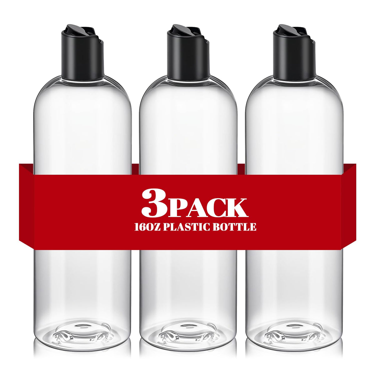 DPLASKA front view of three clear refillable bottles showing capacity and clarity benefit