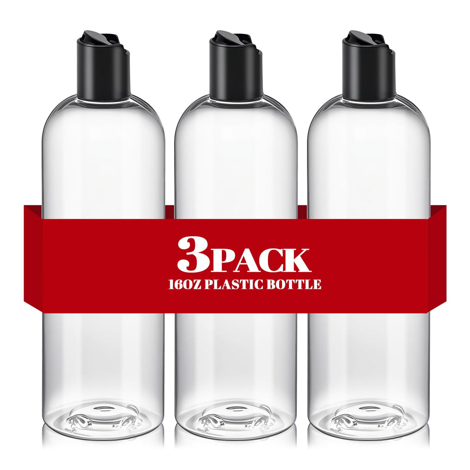 DPLASKA front view of three clear refillable bottles showing capacity and clarity benefit