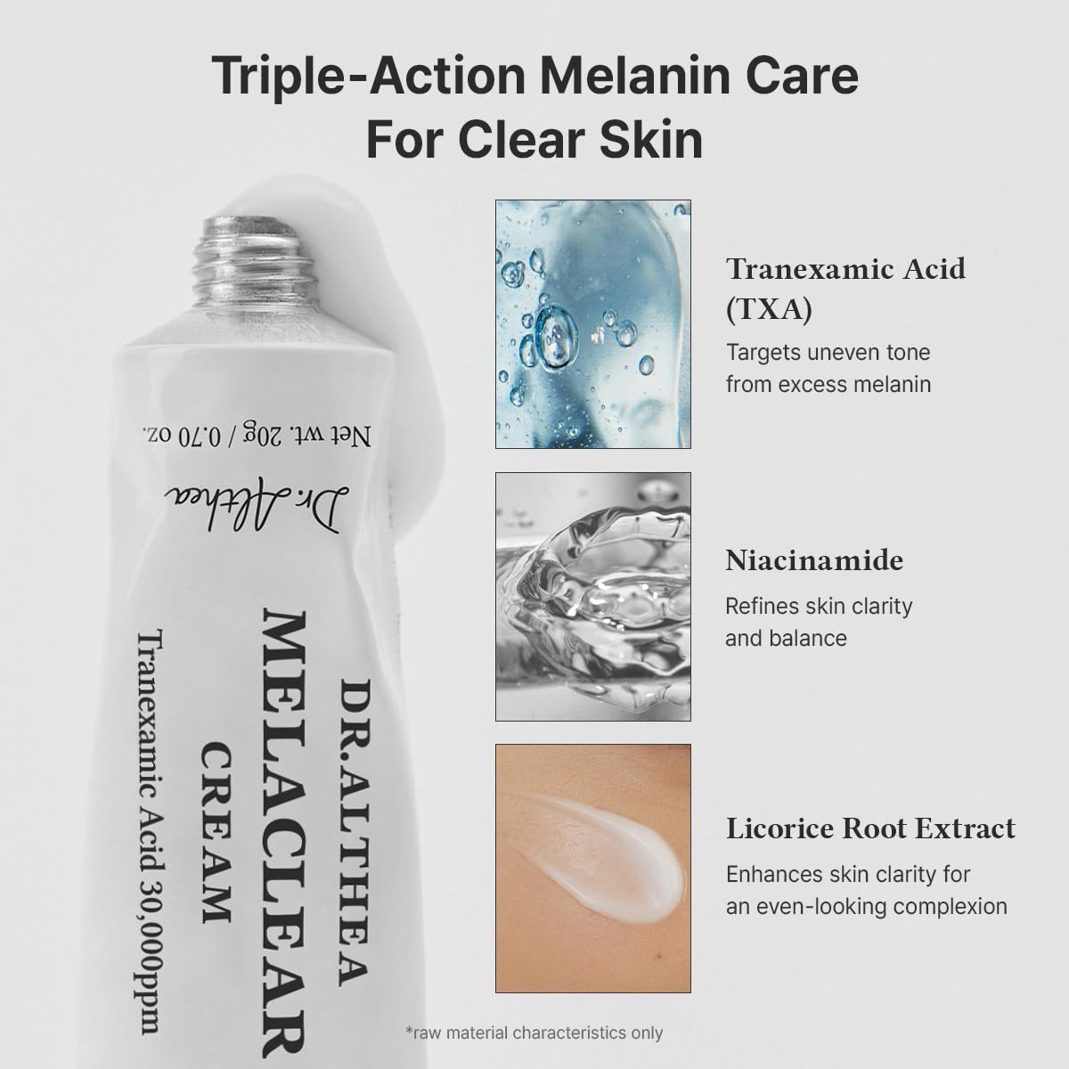 Dr.Althea ingredient bottles with licorice root and TXA emphasizing brightening benefits