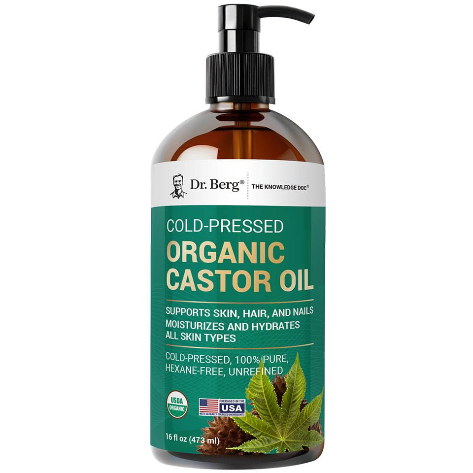 Dr. Berg bottle front view showing organic label and glass protection benefit