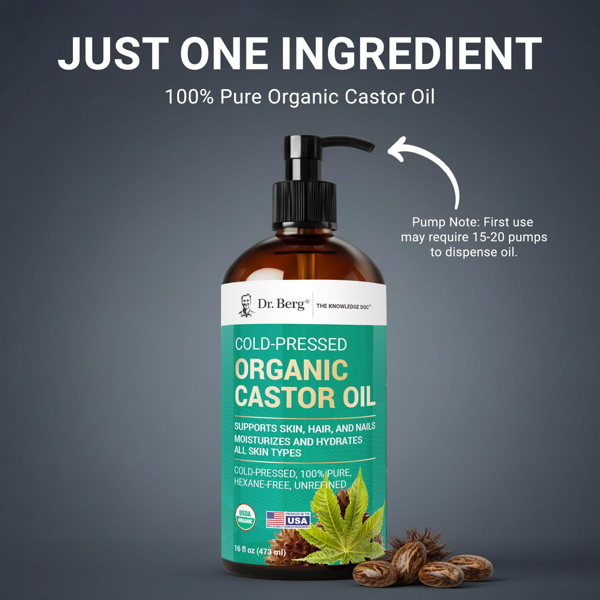 Dr. Berg oil pouring from bottle illustrating cold-pressed texture and control