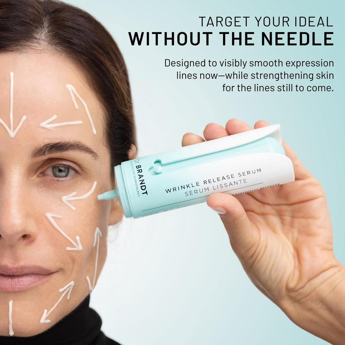 Dr. Brandt dispenser close-up highlighting sliding lock and hygienic pump benefit