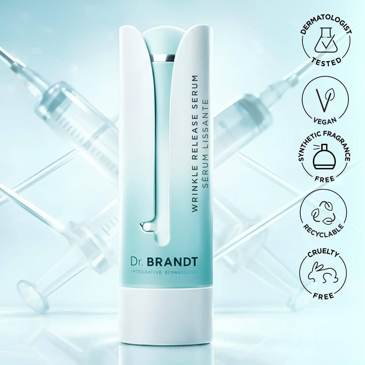 Dr. Brandt product next to skincare routine items in lifestyle setting showing daily use