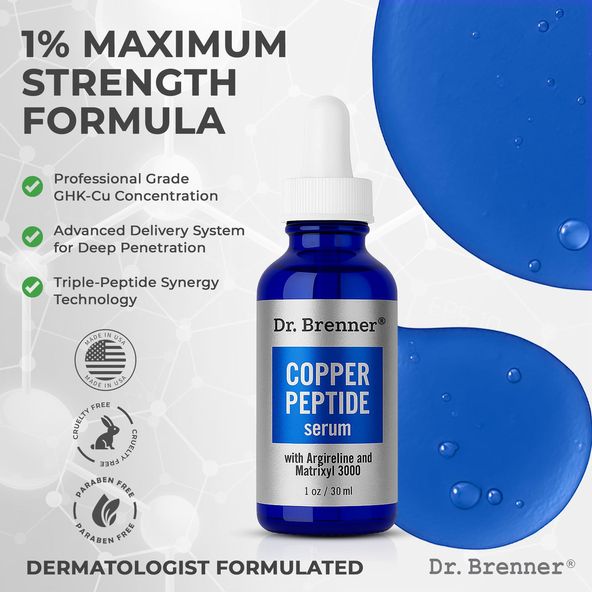 Dr. Brenner 1 oz bottle beside hand showing scale and travel-friendly benefit