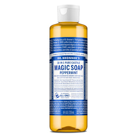 Dr. Bronner's front packaging showing peppermint bottle and eco benefits