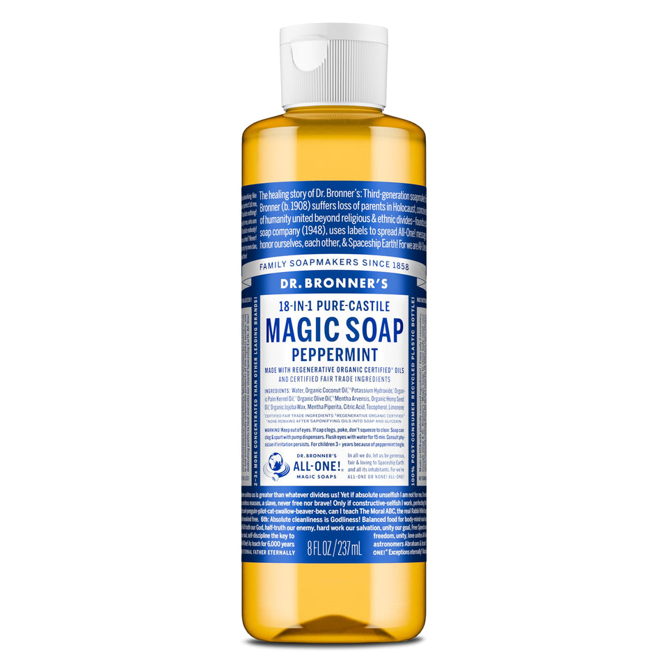 Dr. Bronner's front packaging showing peppermint bottle and eco benefits