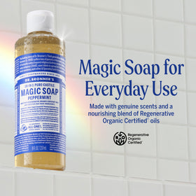 Dr. Bronner's label close-up highlighting certified organic and fair trade