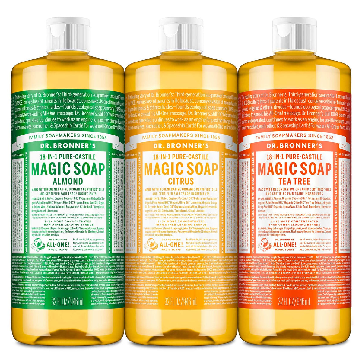 Dr. Bronner's three-pack front labels showing scents and benefits