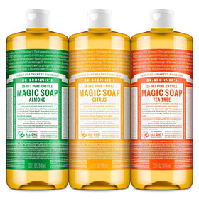 Dr. Bronner's three-pack front labels showing scents and benefits