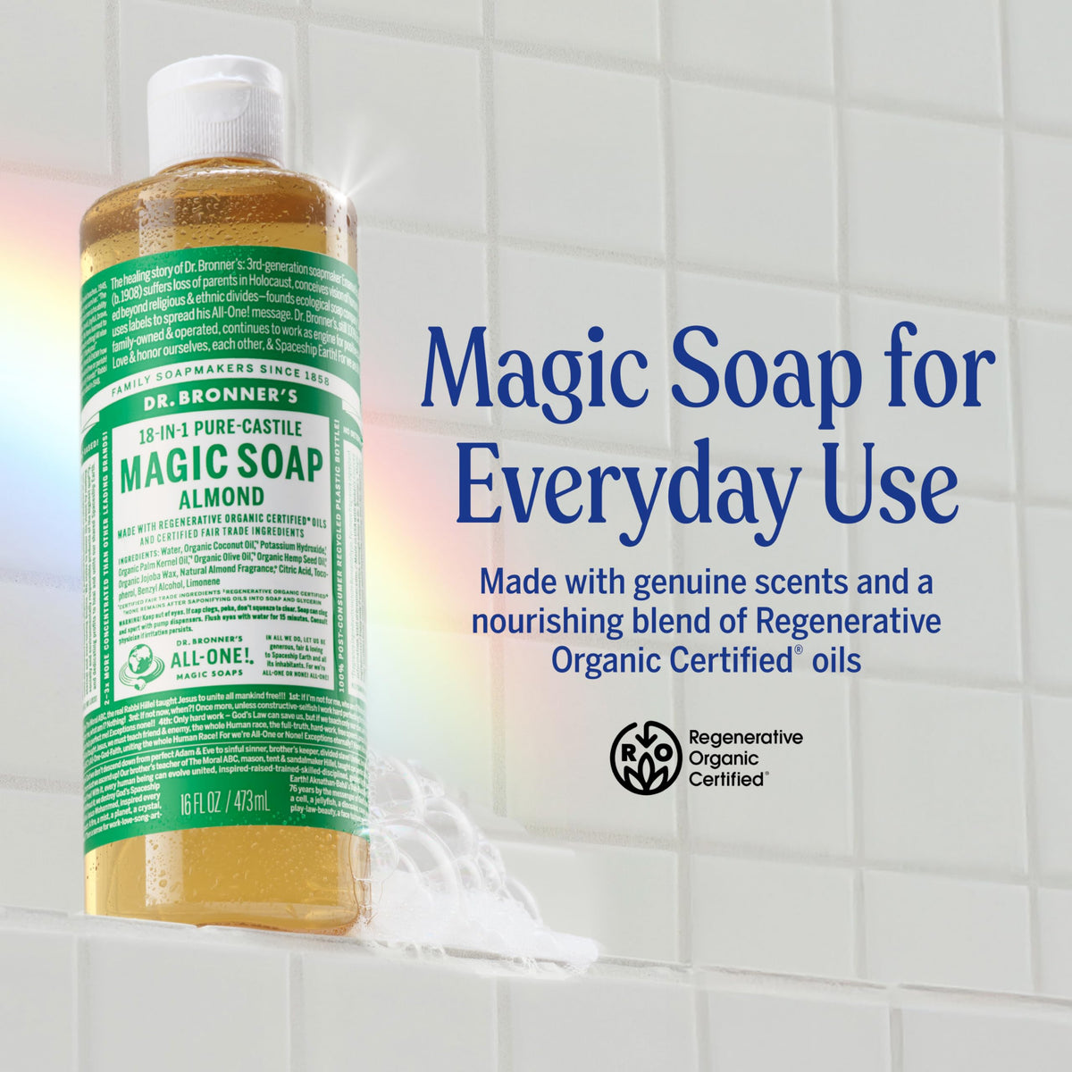 Dr. Bronner's back label ingredients panel highlighting organic sourcing benefits