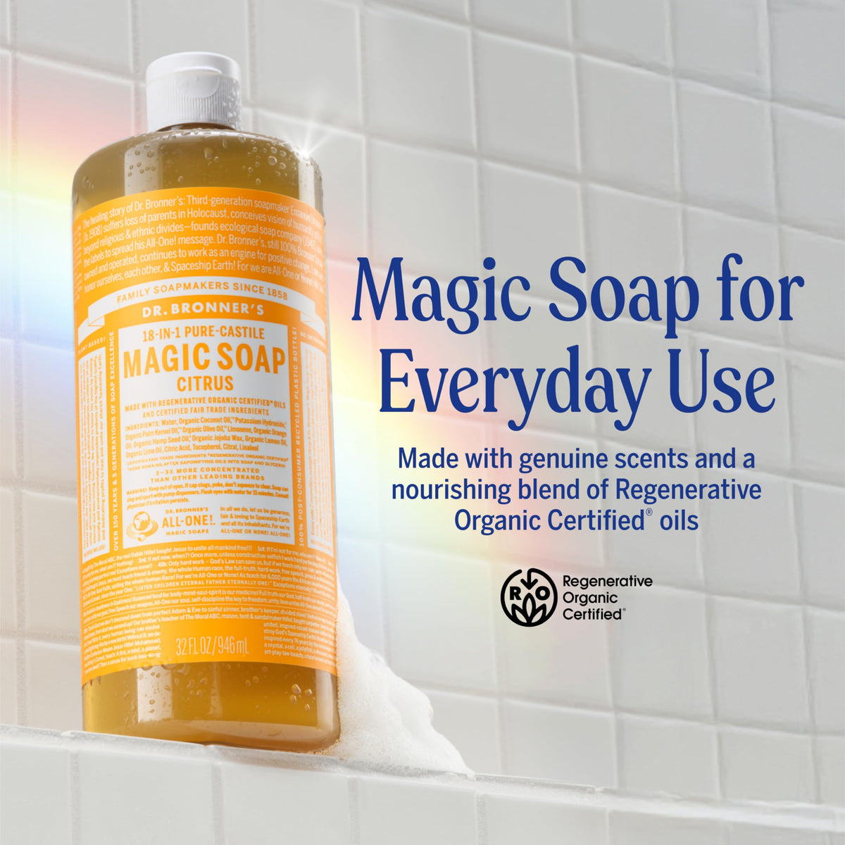 Dr. Bronner's Almond bottle close-up highlighting organic oil formulation