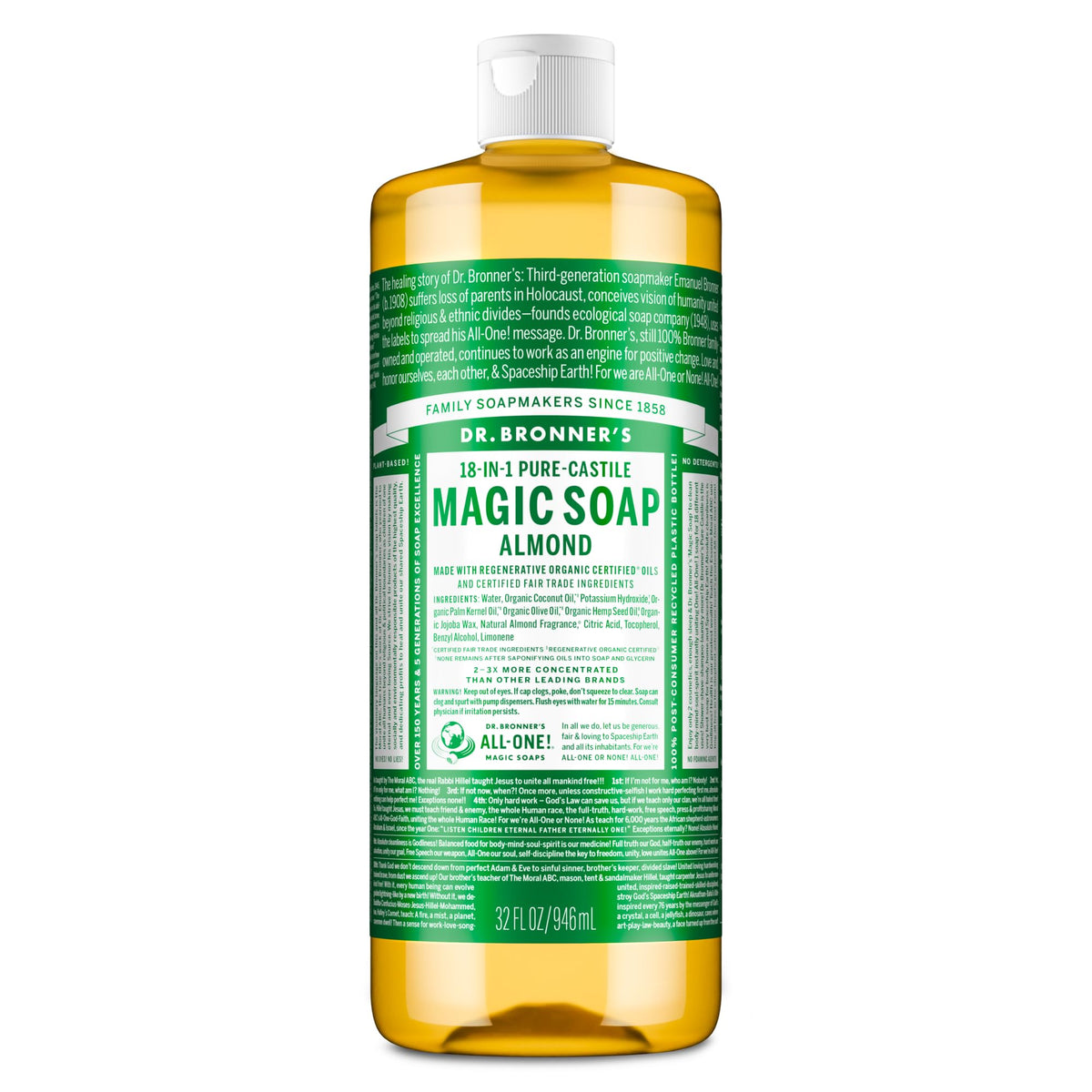 Dr. Bronner's almond front bottle showing size and branding benefit: versatile concentrated soap