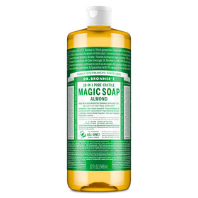 Dr. Bronner's almond front bottle showing size and branding benefit: versatile concentrated soap