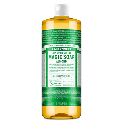 Dr. Bronner's almond front bottle showing size and branding benefit: versatile concentrated soap