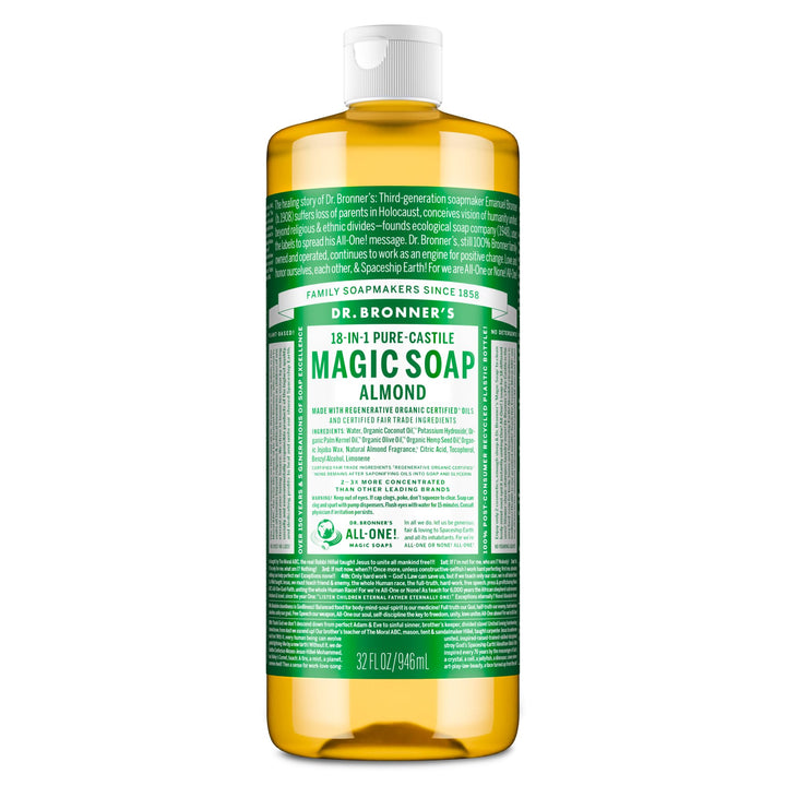 Dr. Bronner's almond front bottle showing size and branding benefit: versatile concentrated soap