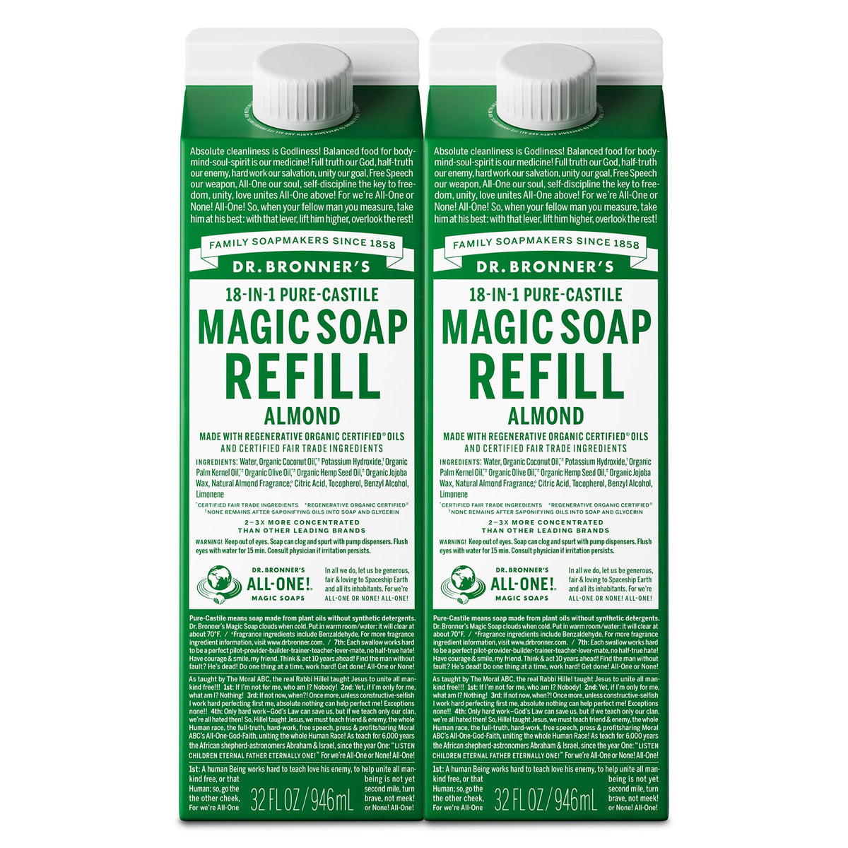 Dr. Bronner's almond front carton showing size and scent, highlights refill savings