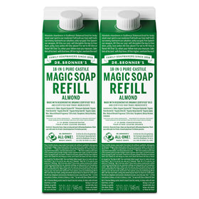Dr. Bronner's almond front carton showing size and scent, highlights refill savings