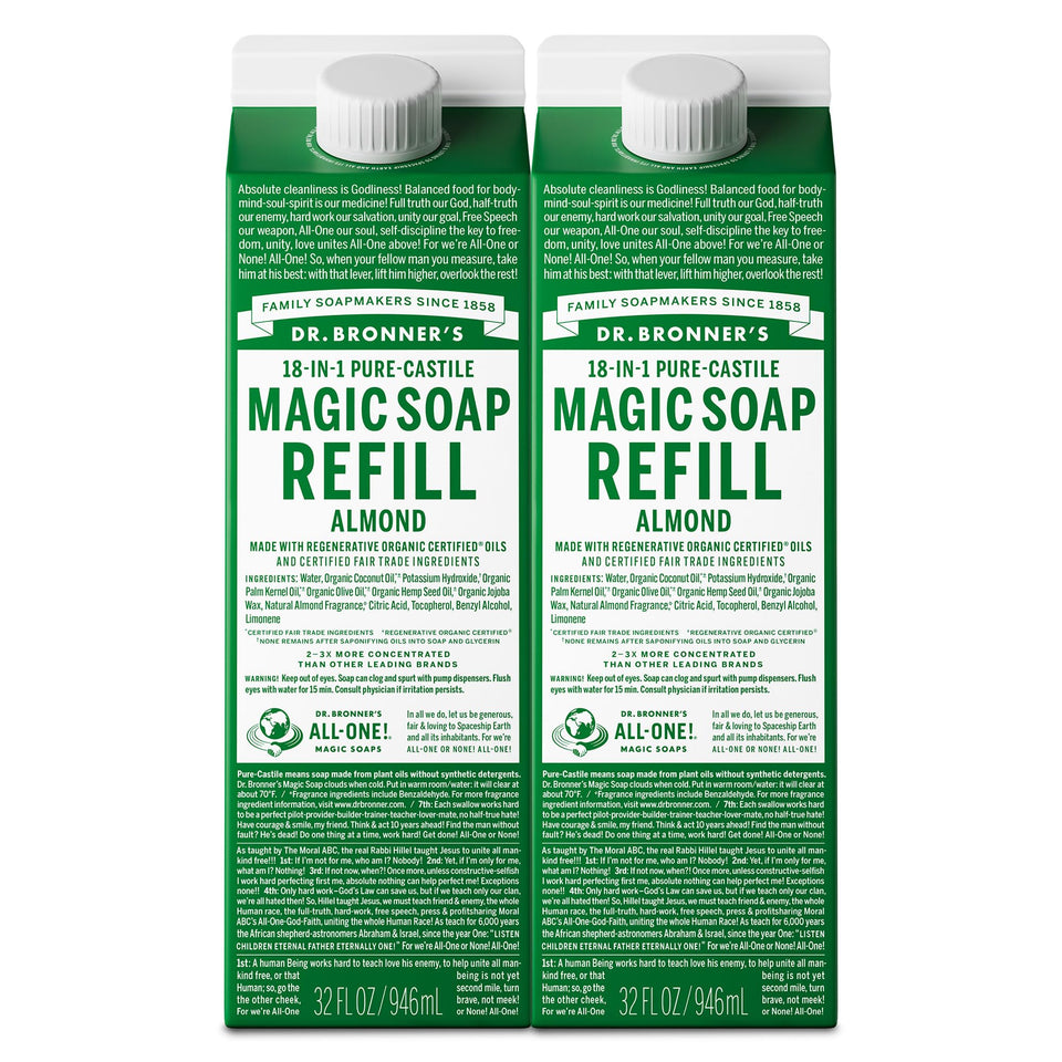 Dr. Bronner's almond front carton showing size and scent, highlights refill savings