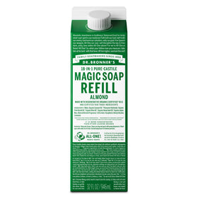 Dr. Bronner's almond front carton showing packaging and refill benefit