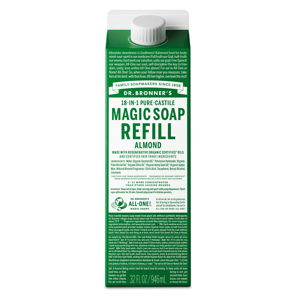 Dr. Bronner's almond front carton showing packaging and refill benefit