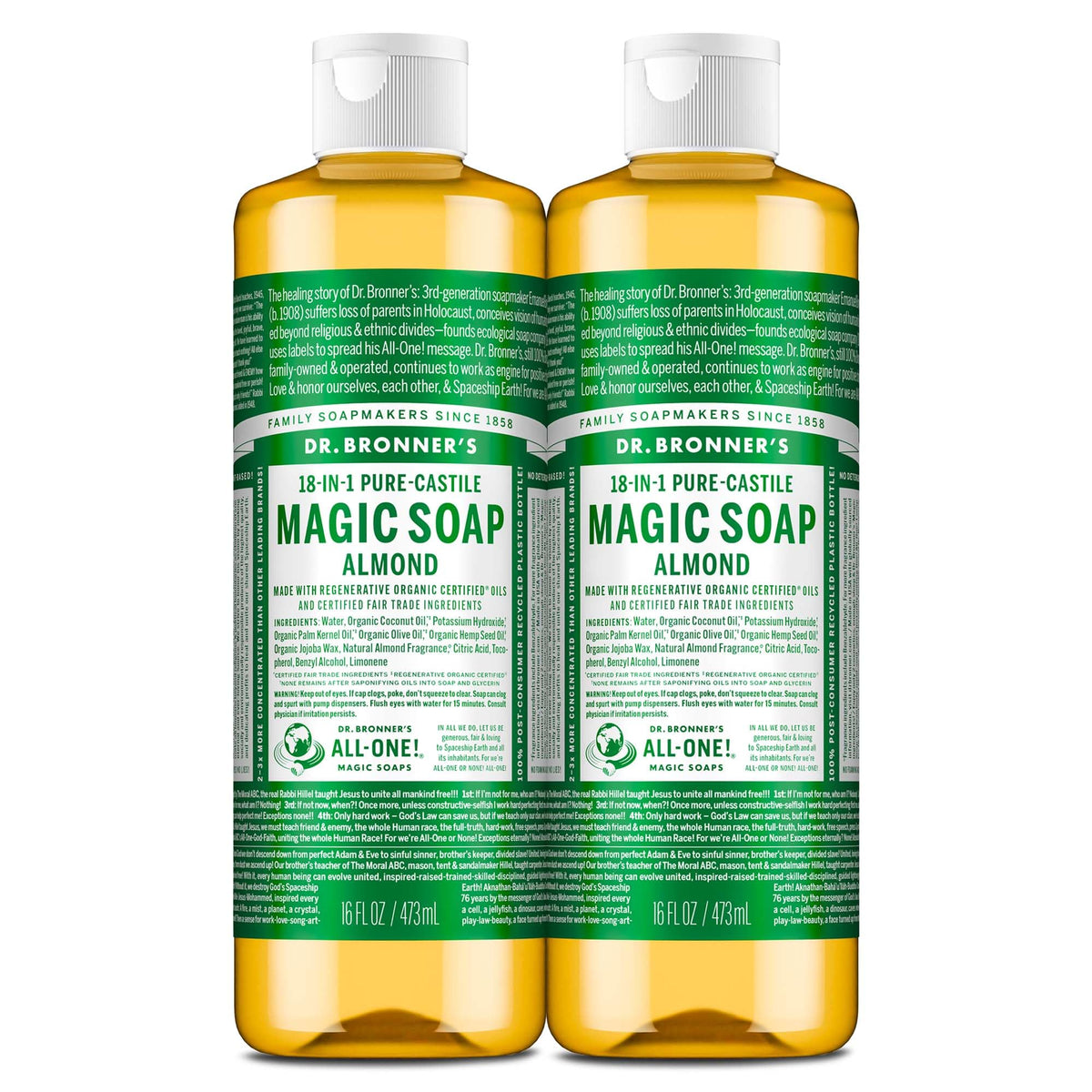 Dr. Bronner's front label view showing bottle and almond scent benefits