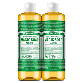 Dr. Bronner's front label view showing bottle and almond scent benefits