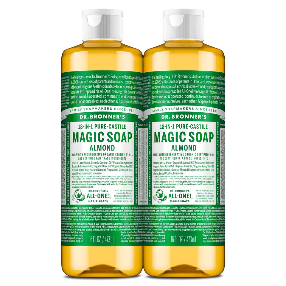 Dr. Bronner's front label view showing bottle and almond scent benefits