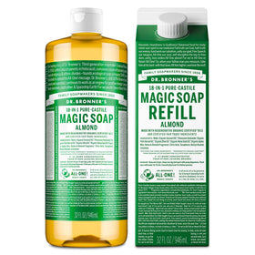 Dr. Bronner's almond front label showing product benefits and organic claims