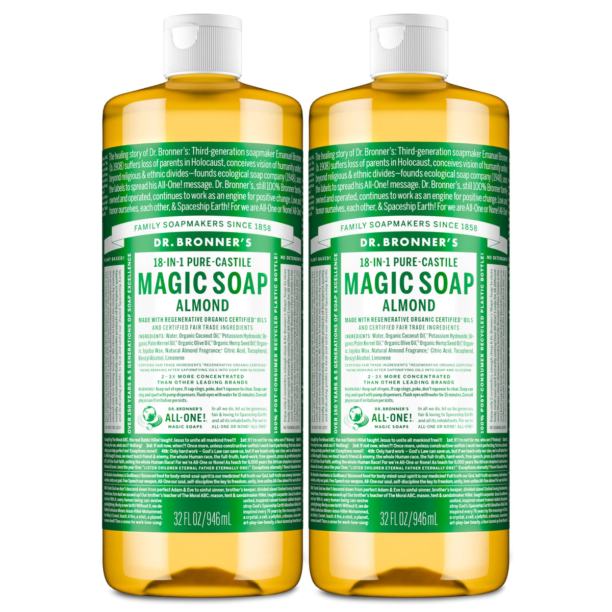 Dr. Bronner's almond front packaging showing two 32 ounce bottles and value pack benefit