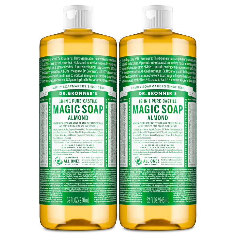 Dr. Bronner's almond front packaging showing two 32 ounce bottles and value pack benefit