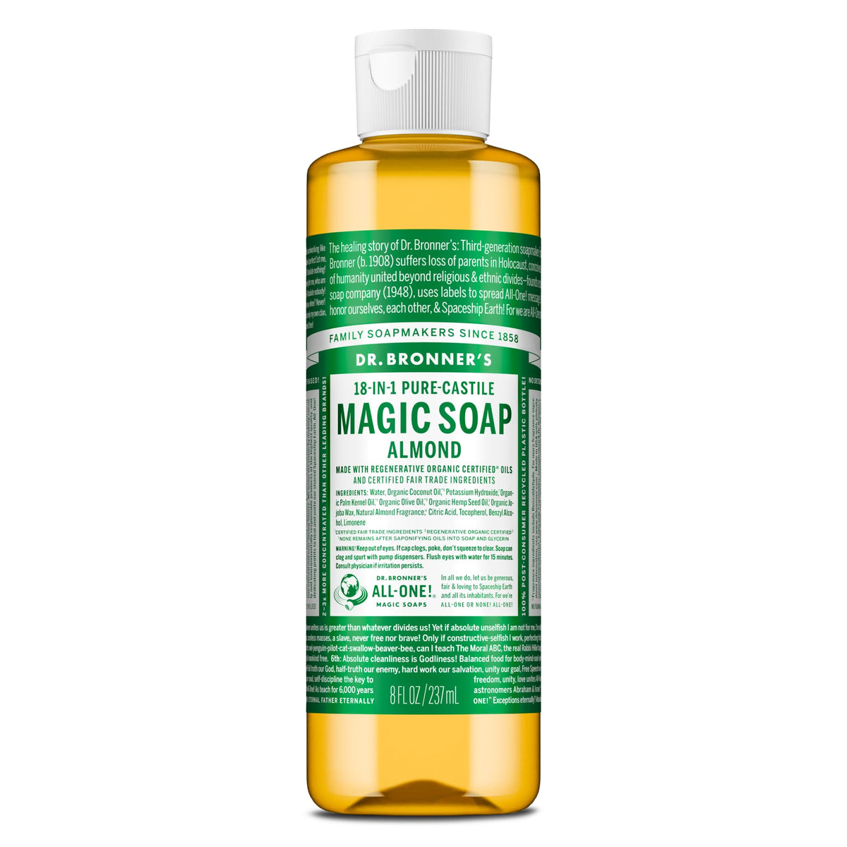 Dr. Bronner's almond front packaging showing recyclable bottle and organic claim