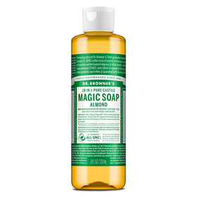 Dr. Bronner's almond front packaging showing recyclable bottle and organic claim
