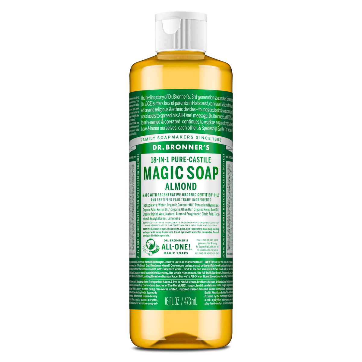 Dr. Bronner's almond bottle front view showing label and benefits