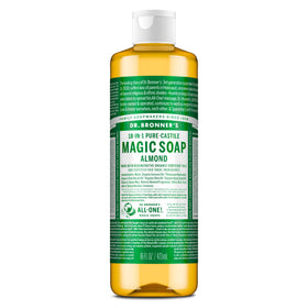 Dr. Bronner's almond bottle front view showing label and benefits