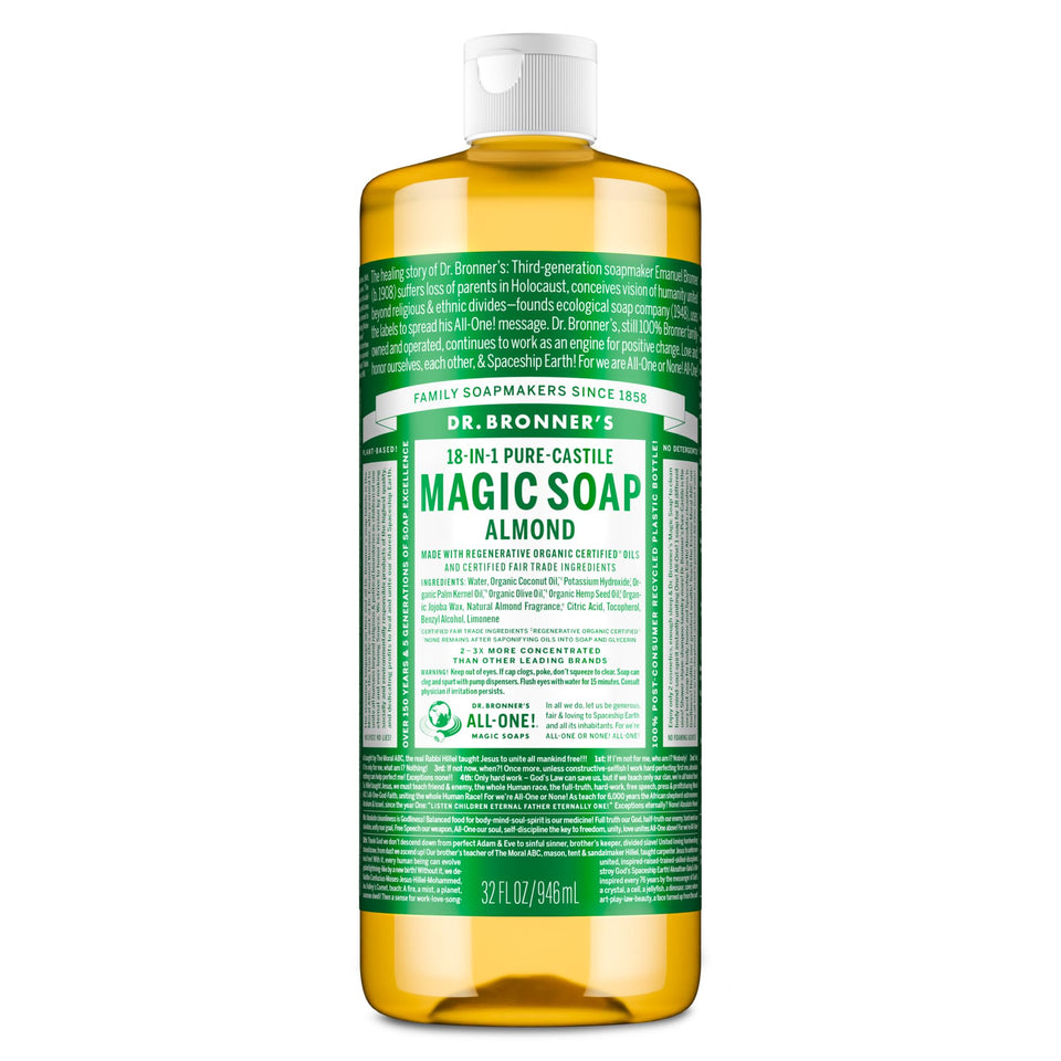 Dr. Bronner's almond front packaging shows full 32 oz bottle and benefits