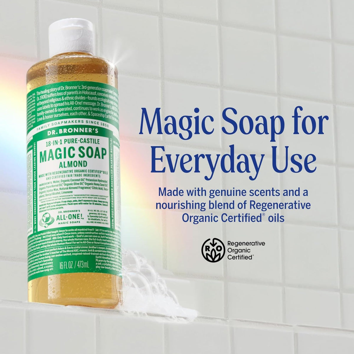 Dr. Bronner's almond label closeup highlighting organic ingredients and fair-trade sourcing benefit