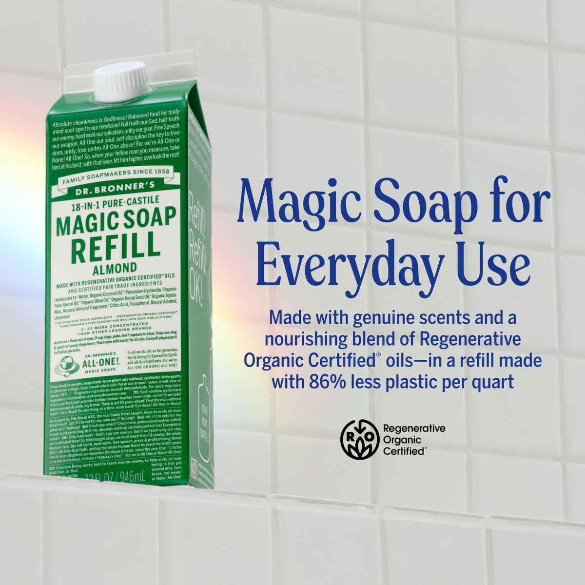 Dr. Bronner's almond pouring into a bottle, demonstrates easy eco-friendly refill