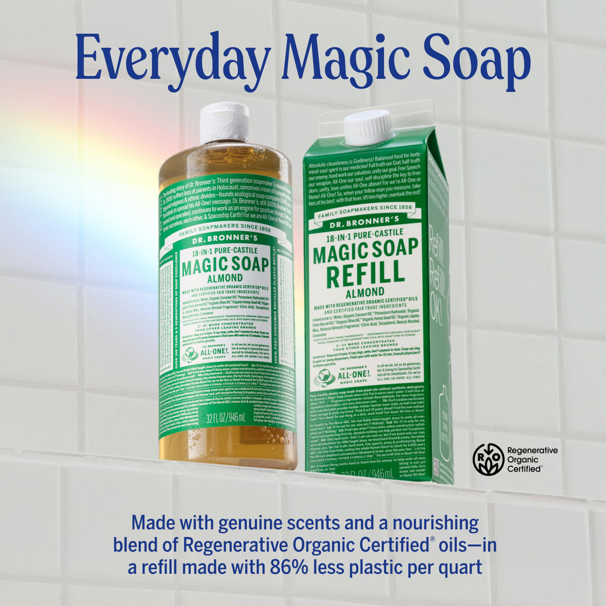 Dr. Bronner's almond pump bottle close-up for convenient everyday dispensing