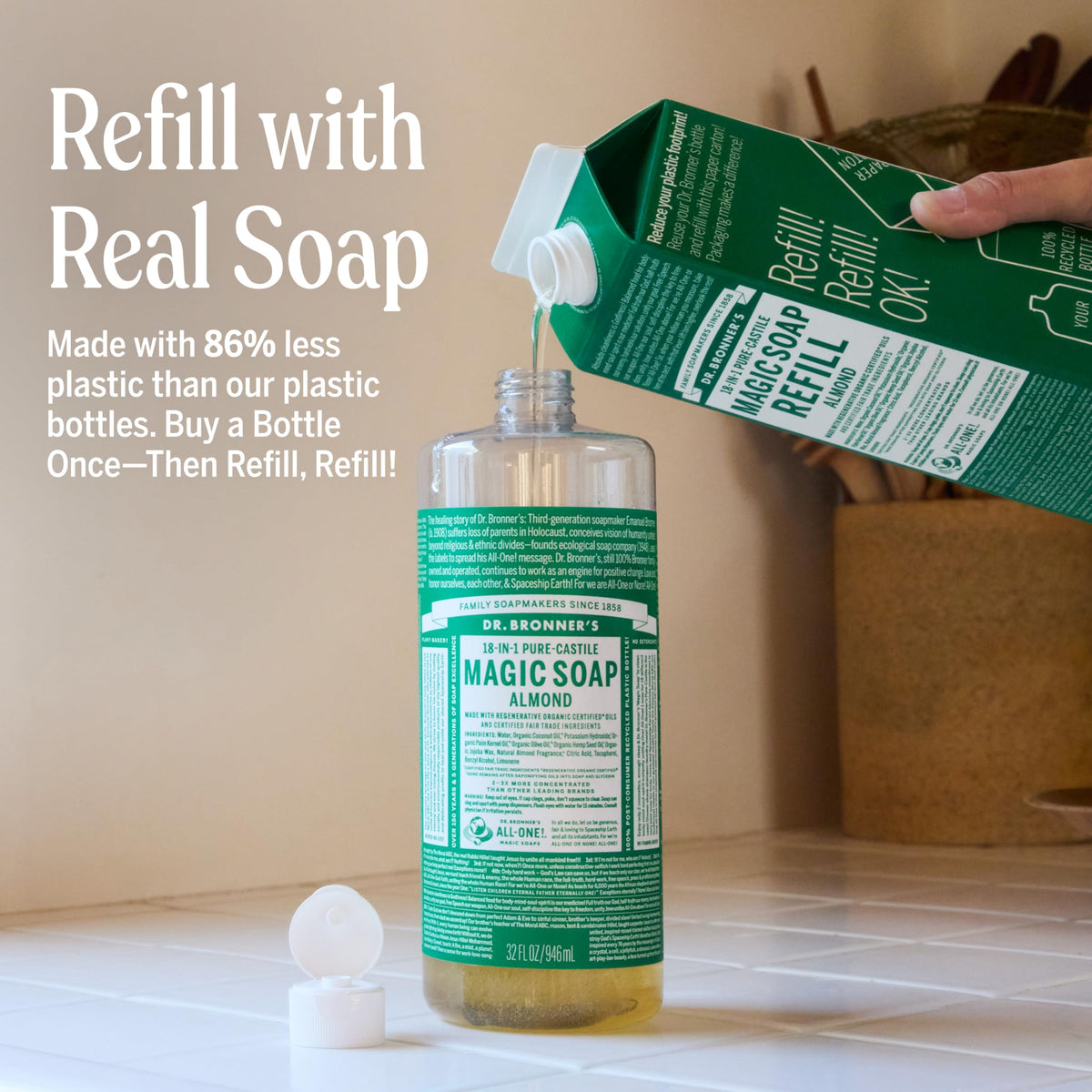 Dr. Bronner's almond liquid soap refill bag reducing plastic waste benefit