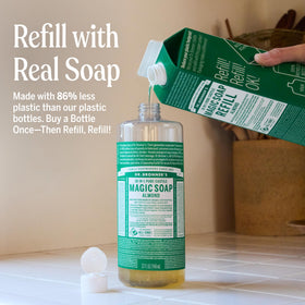 Dr. Bronner's almond liquid soap refill bag reducing plastic waste benefit