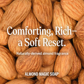 Dr. Bronner's almond refill carton with eco badge, emphasizes reduced plastic footprint