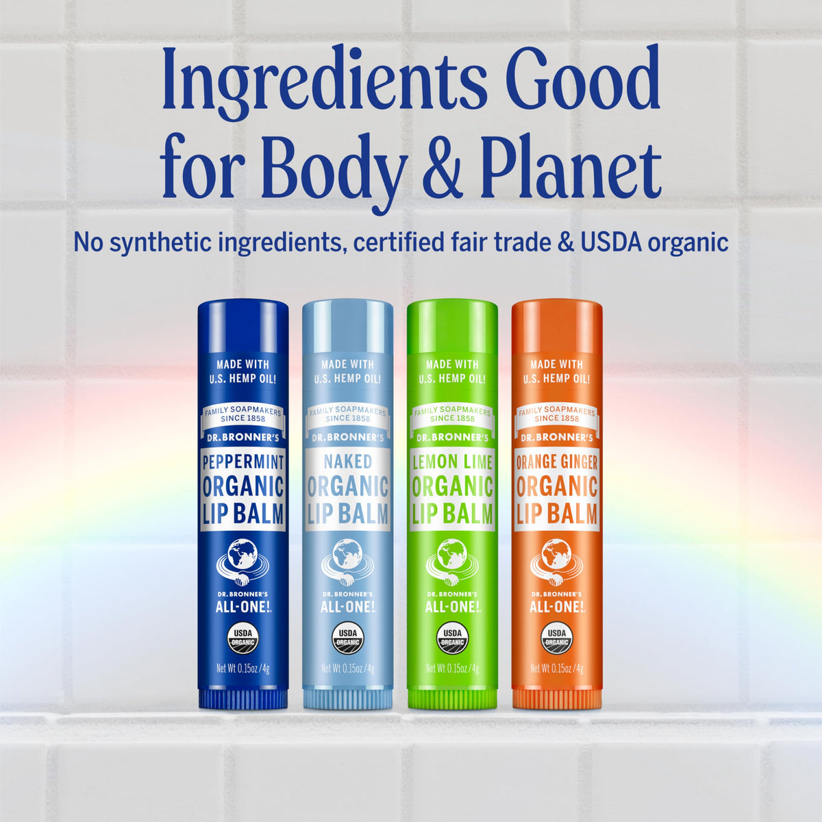Dr. Bronner's applying balm to lips showing cooling peppermint comfort and smooth finish