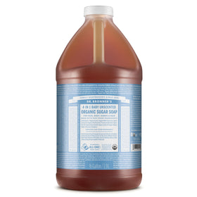 Dr. Bronner's baby unscented bottle front view showing label and size benefit