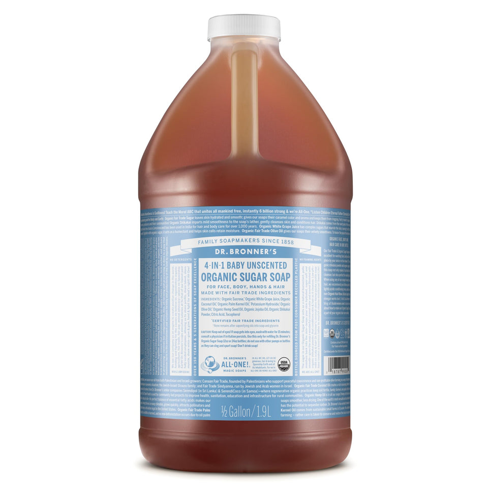 Dr. Bronner's baby unscented bottle front view showing label and size benefit
