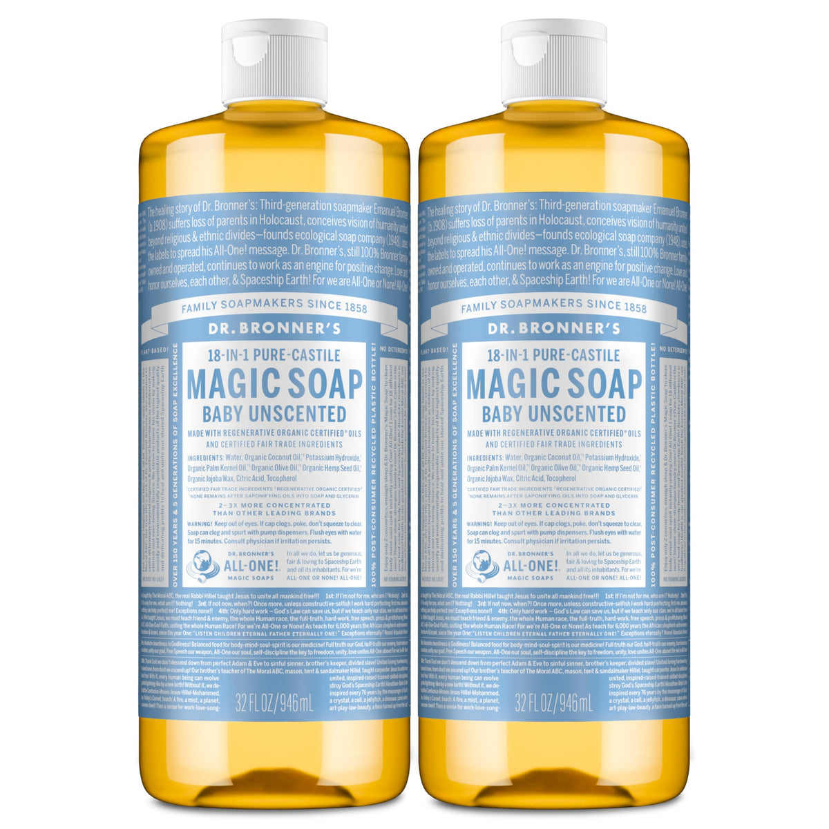Dr. Bronner's baby unscented front label showing size and benefits