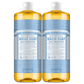 Dr. Bronner's baby unscented front label showing size and benefits