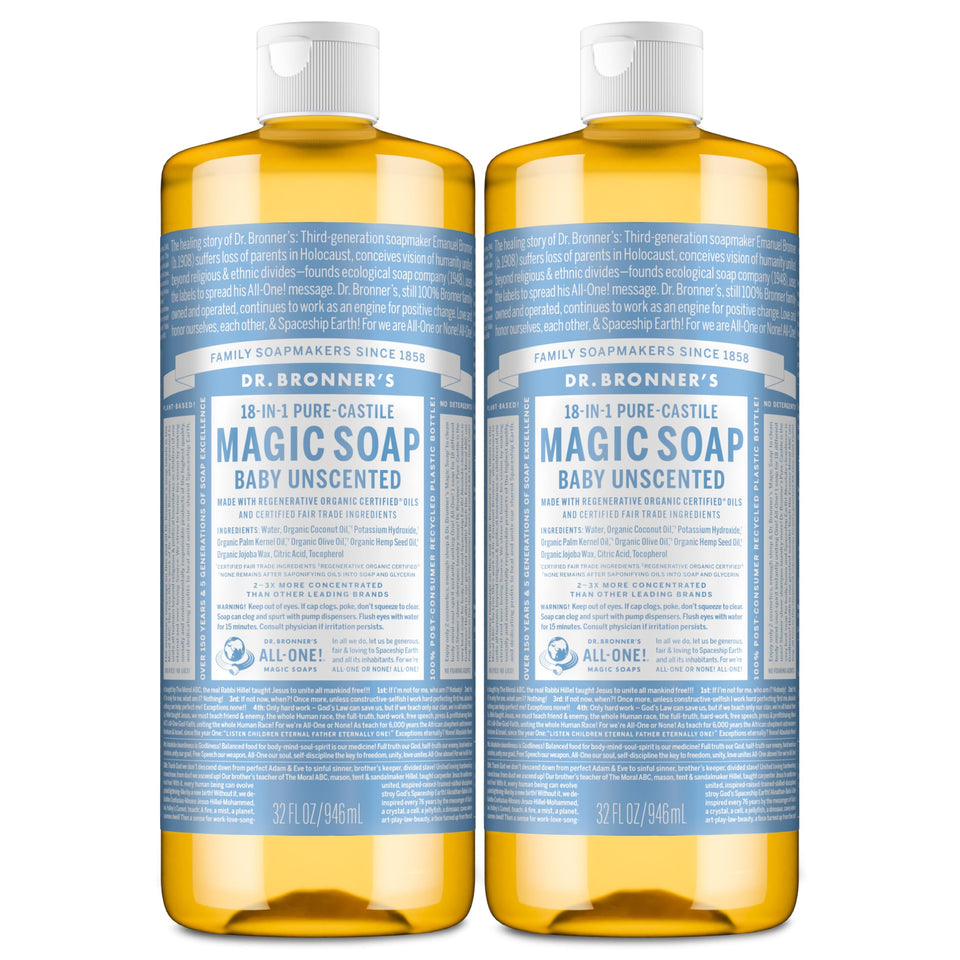 Dr. Bronner's baby unscented front label showing size and benefits