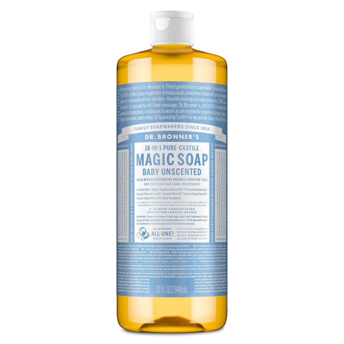Dr. Bronner's bottle front label showing product name and size for clear identification and trust