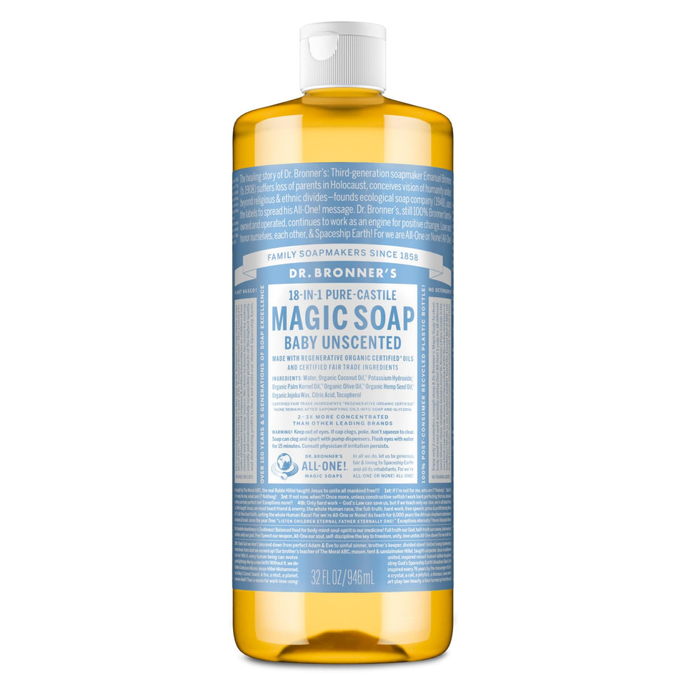 Dr. Bronner's bottle front label showing product name and size for clear identification and trust